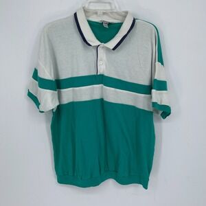 Action Men's Vintage Teal White Colorblock Striped Polo Top Shirt Plus Size 2X